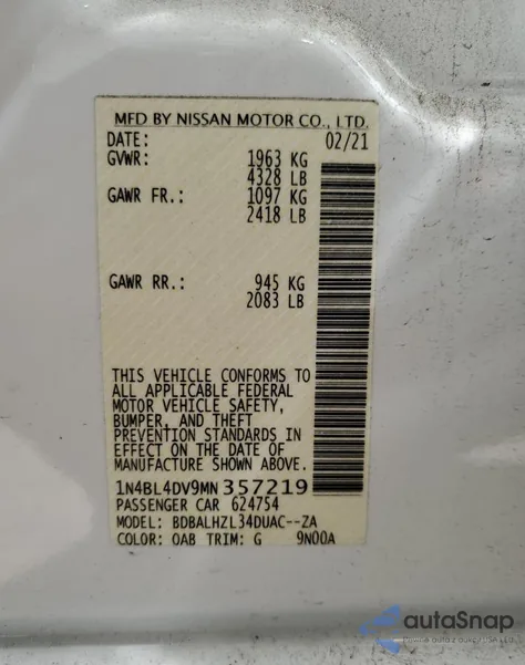 2021 Nissan Altima Sv из США, поврежденный, VIN 1N4BL4DV9MN357219